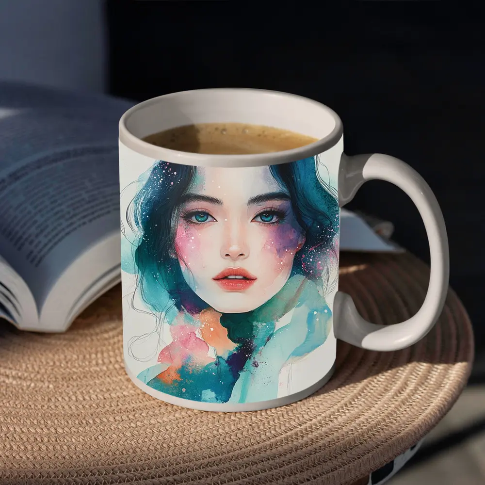 Watercolor Girl Portrait Blue Teal Galaxy – Mugs