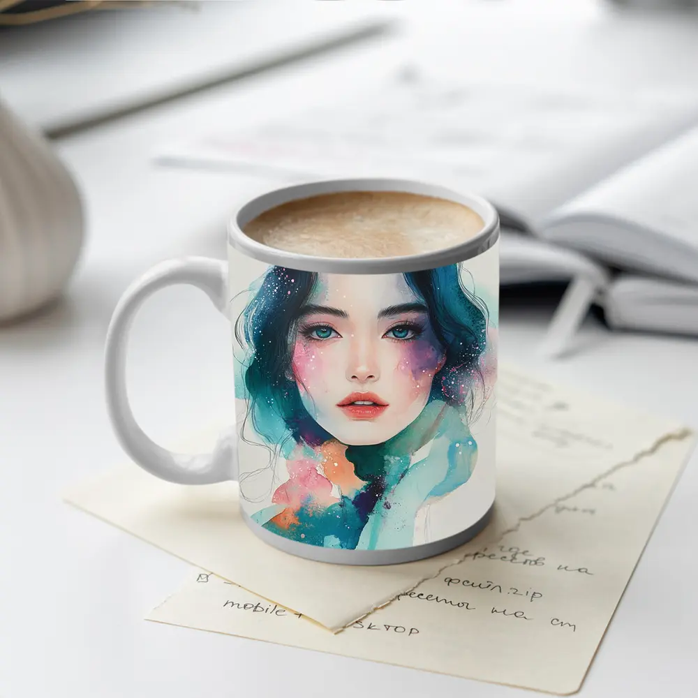 Watercolor Girl Portrait Blue Teal Galaxy – Mugs