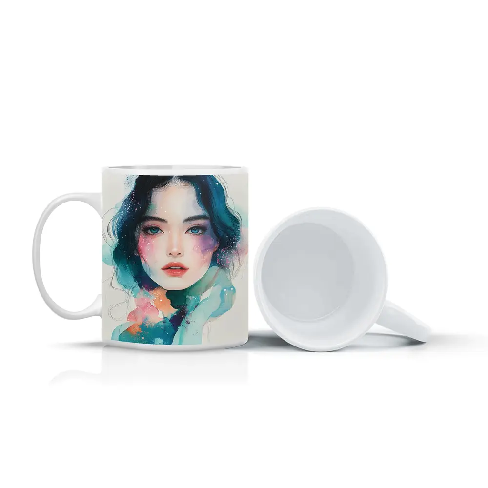 Watercolor Girl Portrait Blue Teal Galaxy – Mugs