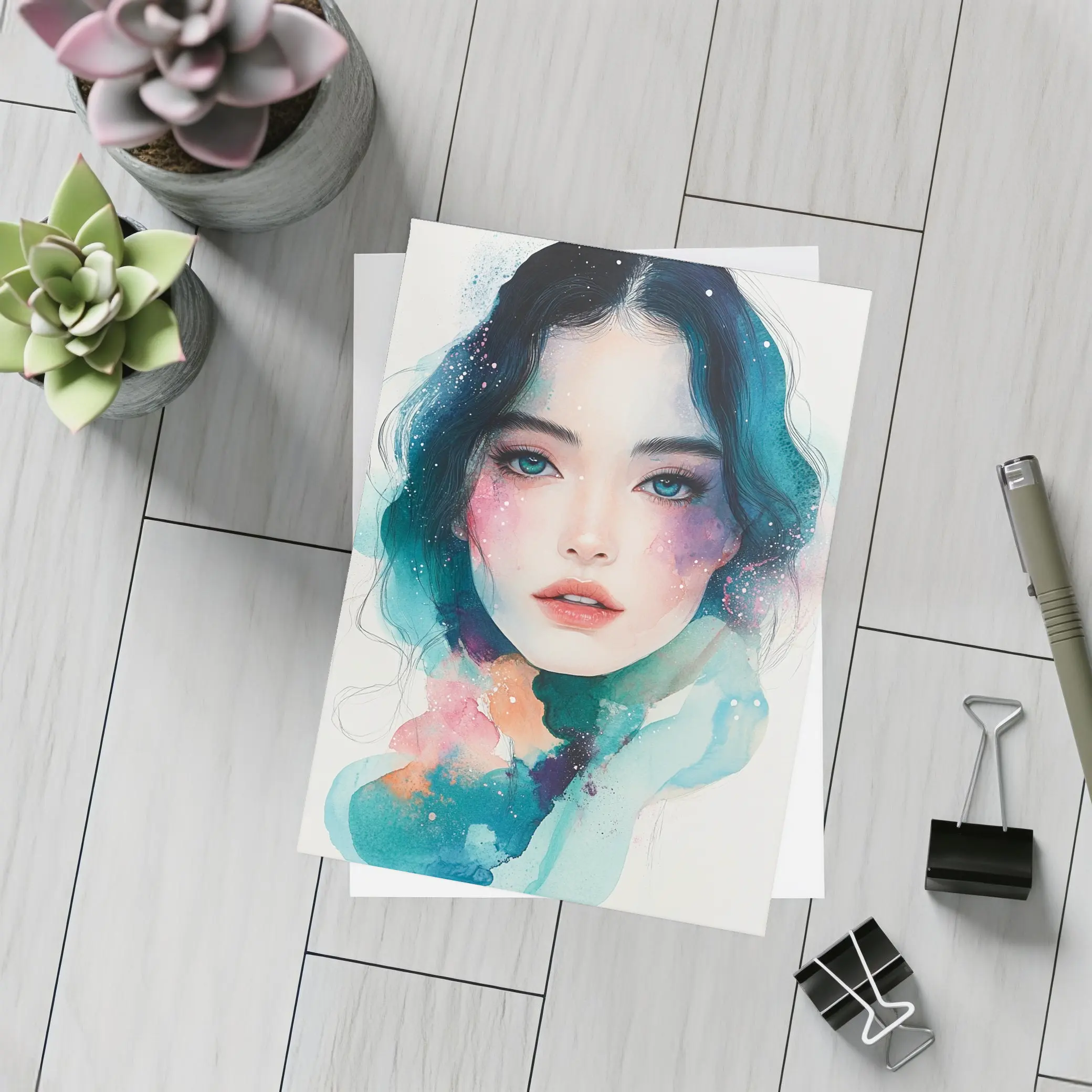 Watercolor Girl Portrait Blue Teal Galaxy – Postcards