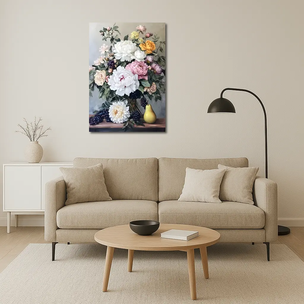 Peonies Roses Grapes Pear Still Life Painting – Wall Art