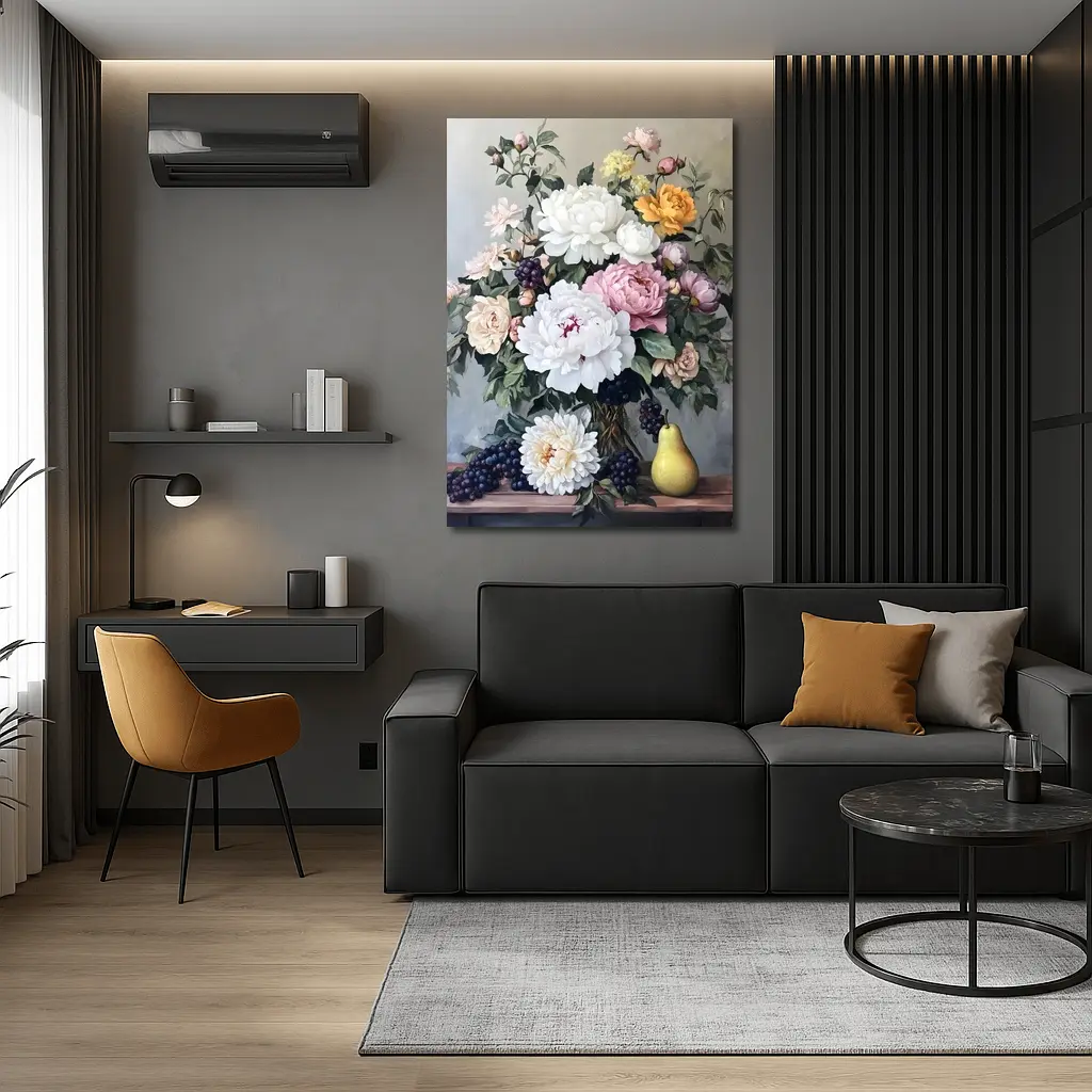Peonies Roses Grapes Pear Still Life Painting – Wall Art