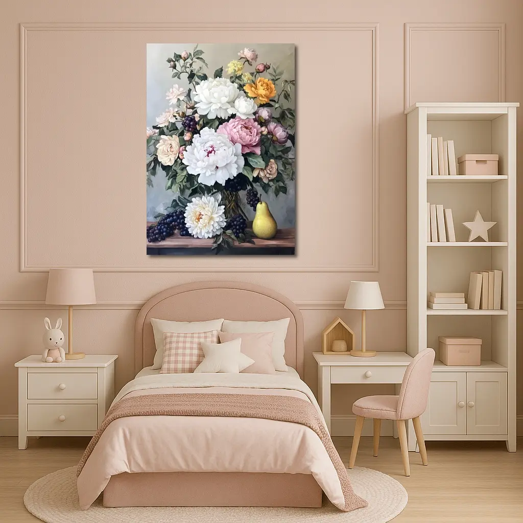 Peonies Roses Grapes Pear Still Life Painting – Wall Art