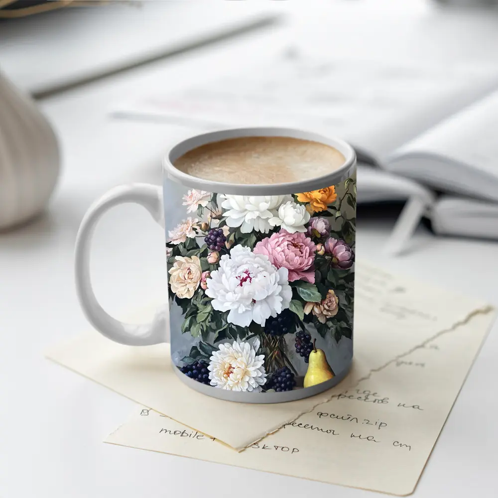 Peonies Roses Grapes Pear Still Life Painting – Mugs