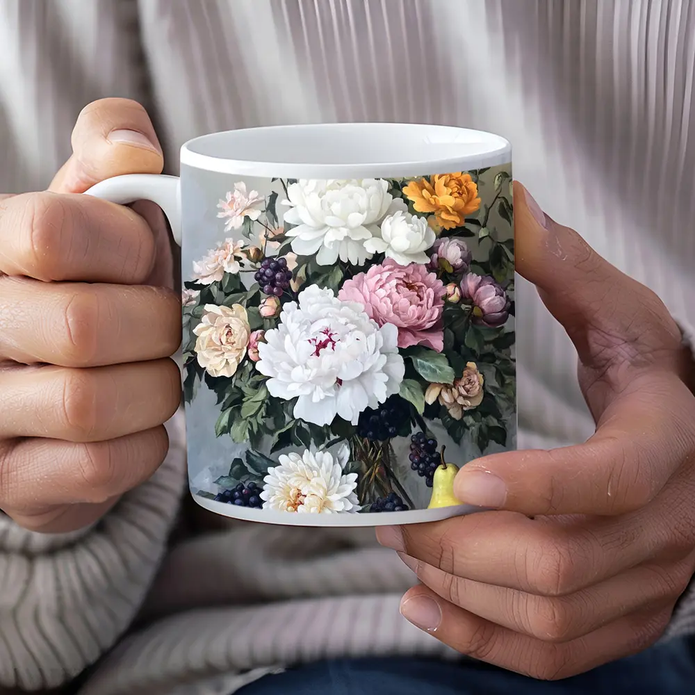 Peonies Roses Grapes Pear Still Life Painting – Mugs