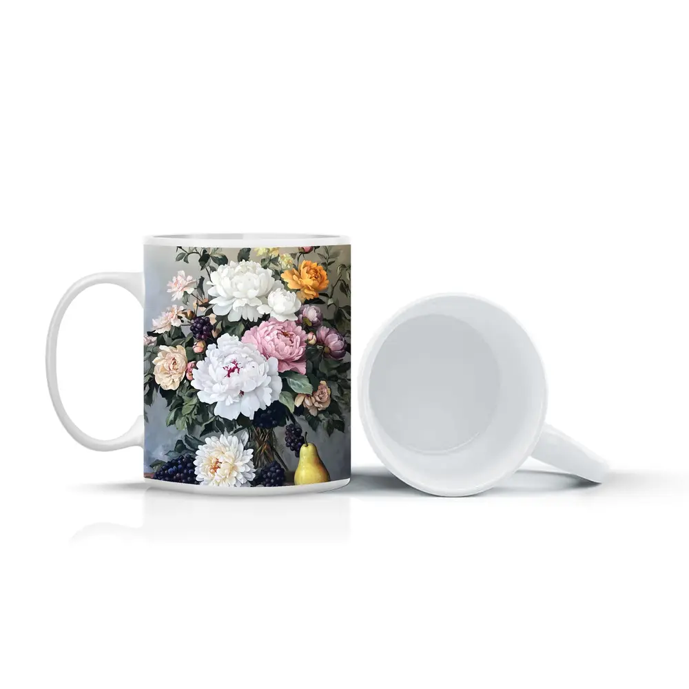 Peonies Roses Grapes Pear Still Life Painting – Mugs