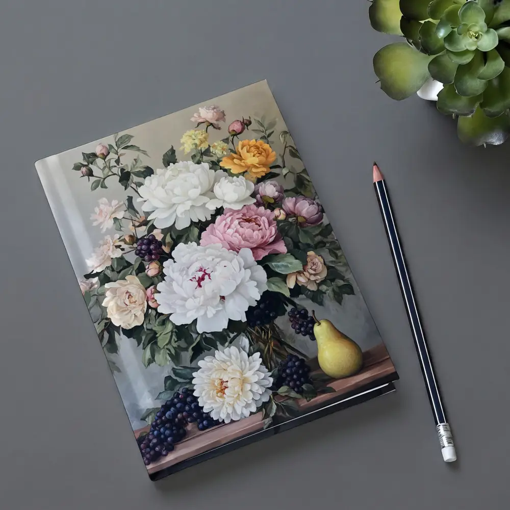 Peonies Roses Grapes Pear Still Life Painting – Notebooks