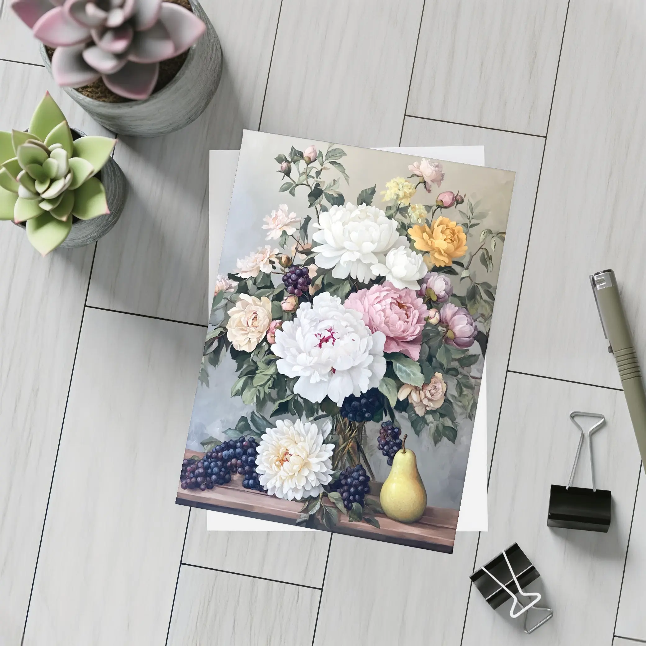 Peonies Roses Grapes Pear Still Life Painting – Postcards