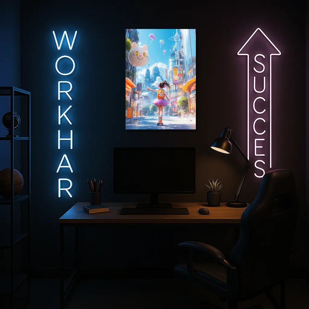 Anime Girl Skateboarding Futuristic Neon City – Wall Art