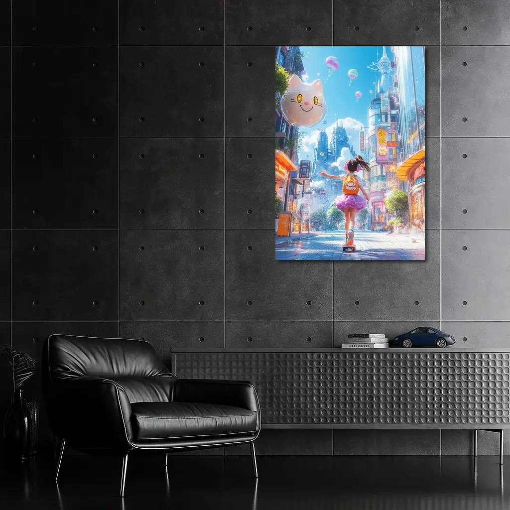 Anime Girl Skateboarding Futuristic Neon City – Wall Art