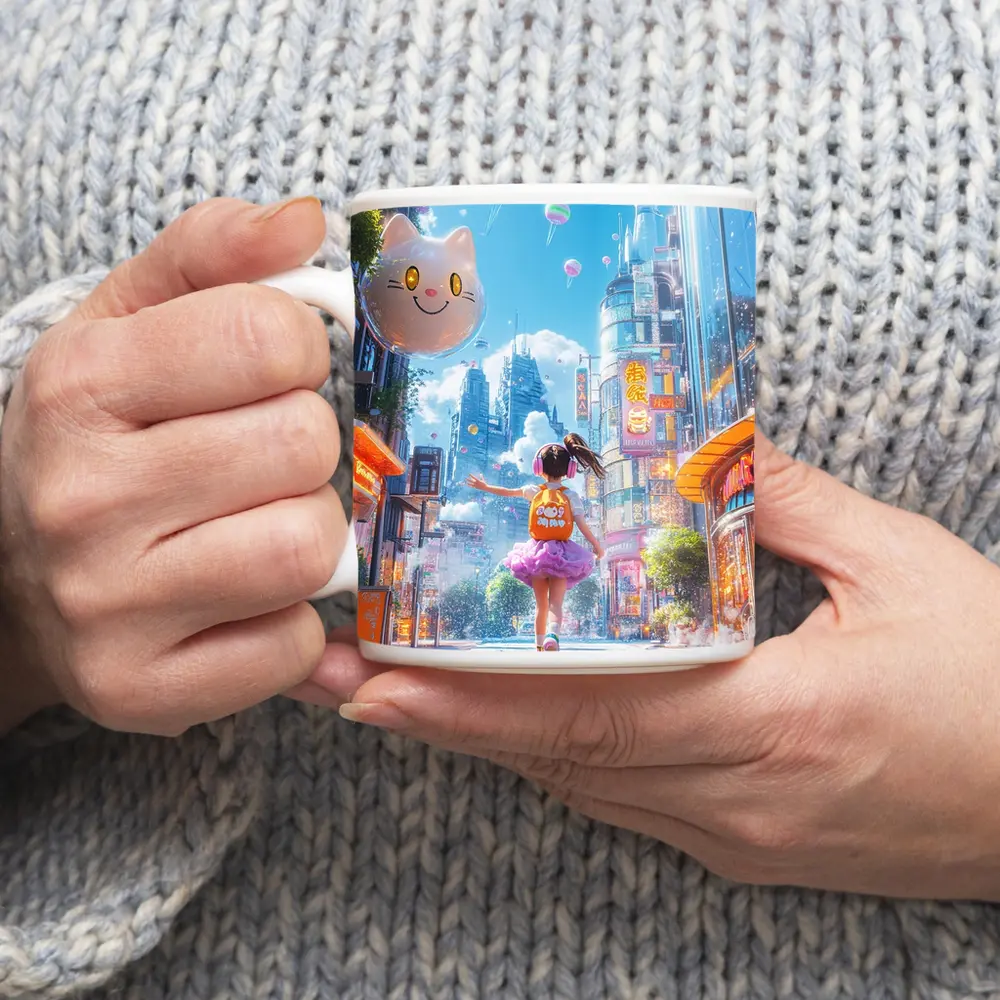Anime Girl Skateboarding Futuristic Neon City – Mugs
