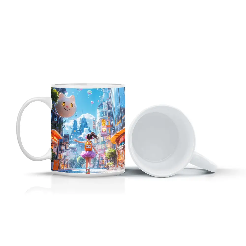 Anime Girl Skateboarding Futuristic Neon City – Mugs