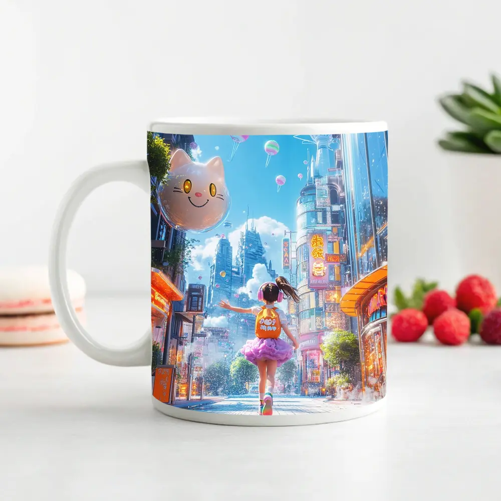 Anime Girl Skateboarding Futuristic Neon City – Mugs