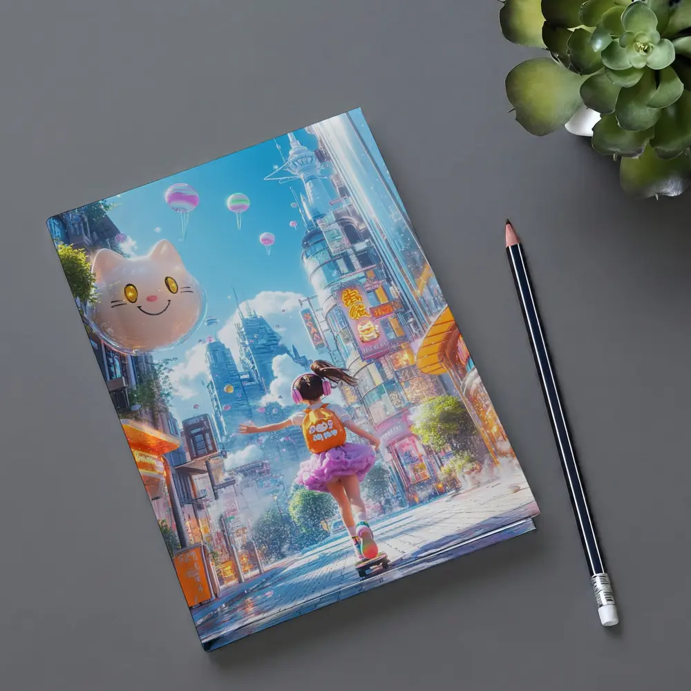 Anime Girl Skateboarding Futuristic Neon City – Notebooks