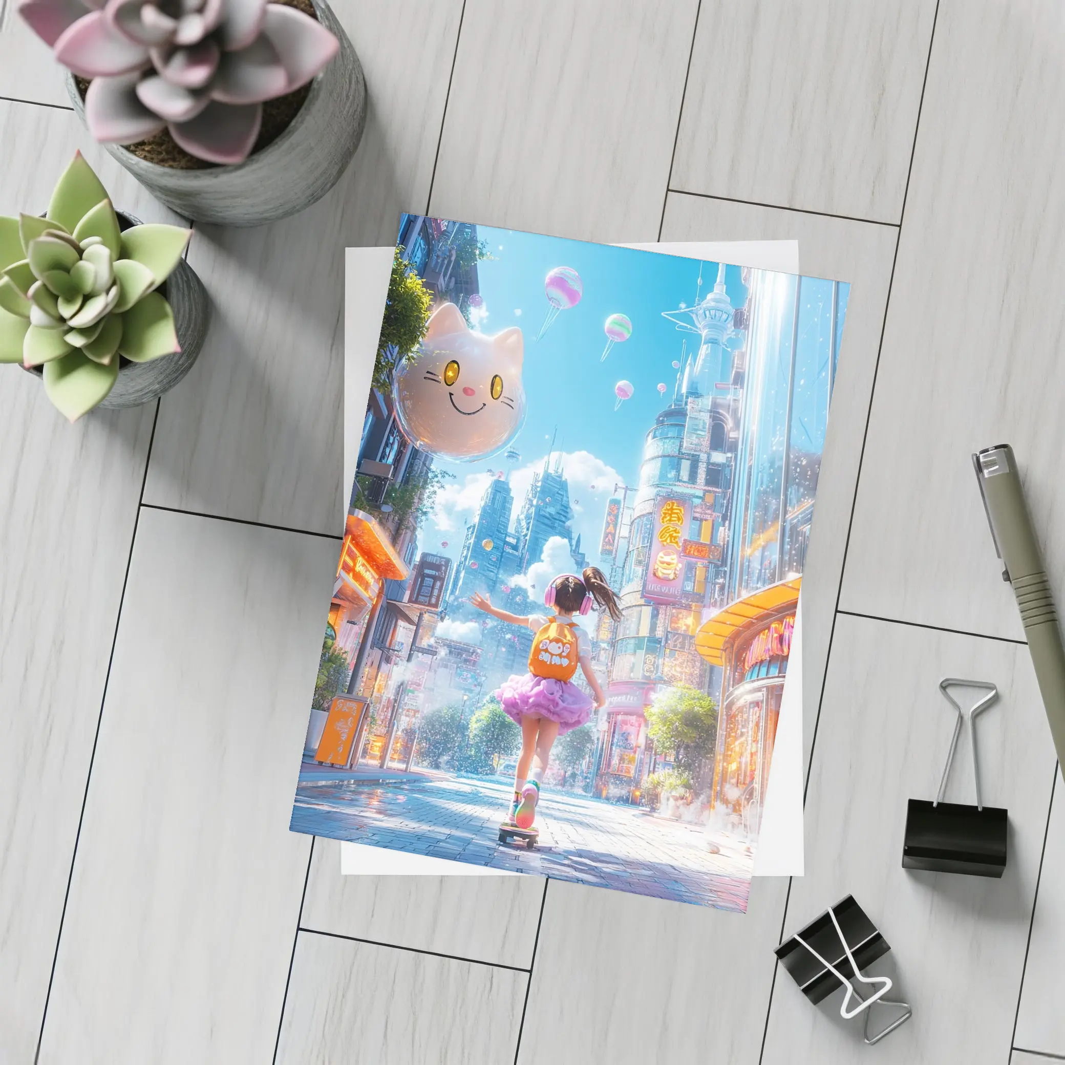Anime Girl Skateboarding Futuristic Neon City – Postcards