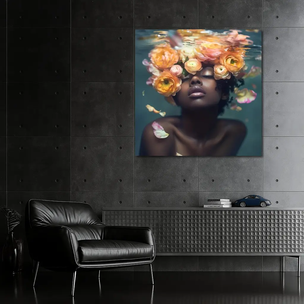 Black Woman Underwater Surrounded by Ranunculus Flowers – Wall Art