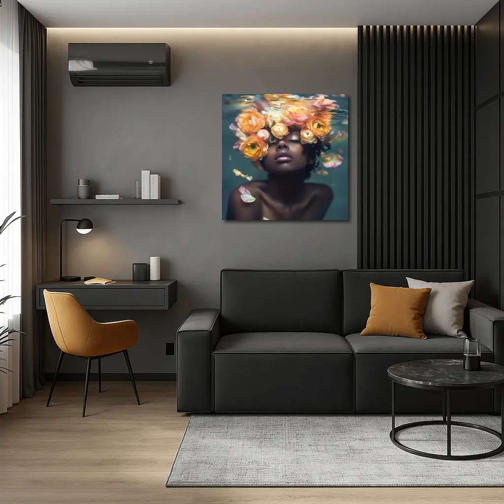 Black Woman Underwater Surrounded by Ranunculus Flowers – Wall Art