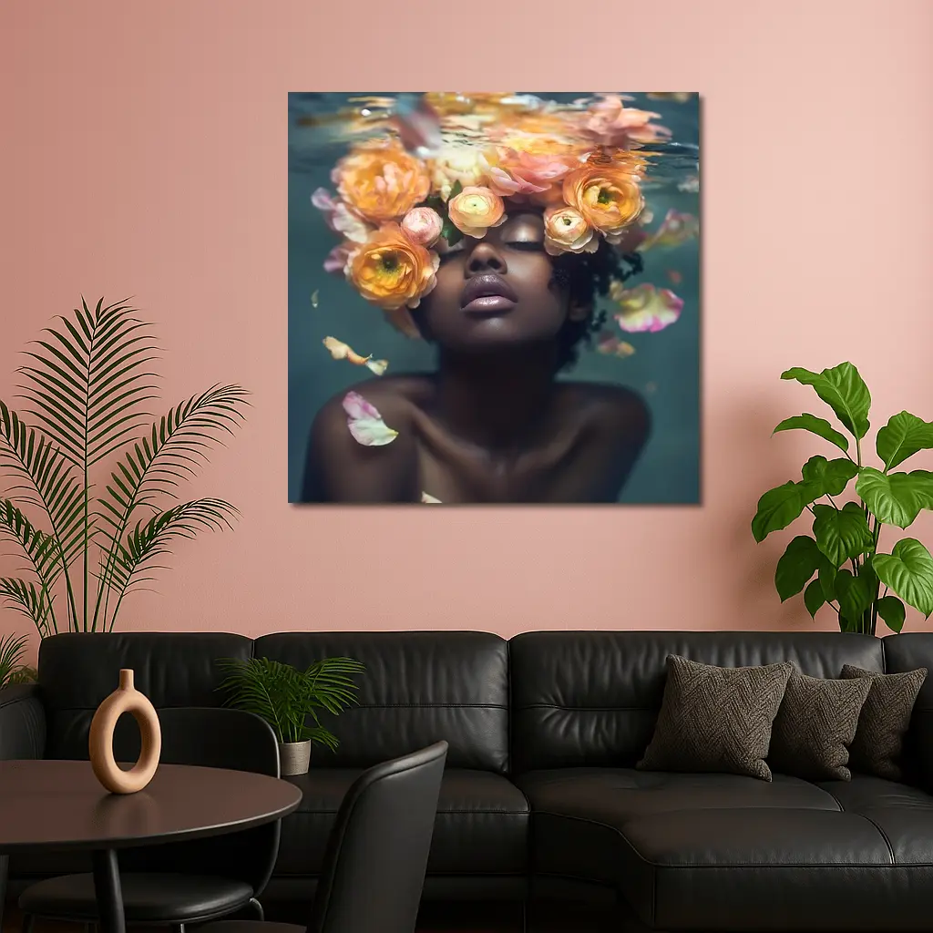 Black Woman Underwater Surrounded by Ranunculus Flowers – Wall Art