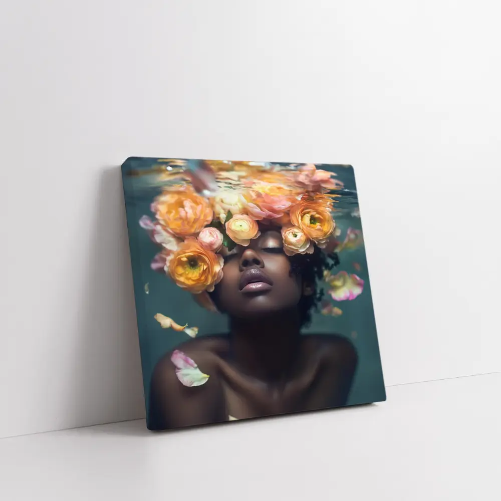 Black Woman Underwater Surrounded by Ranunculus Flowers – Wall Art