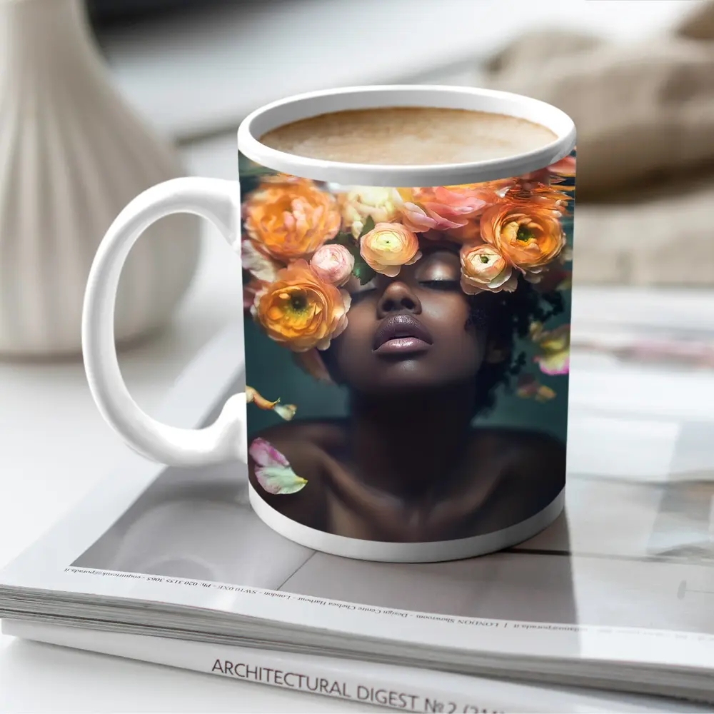 Black Woman Underwater Surrounded by Ranunculus Flowers – Mugs