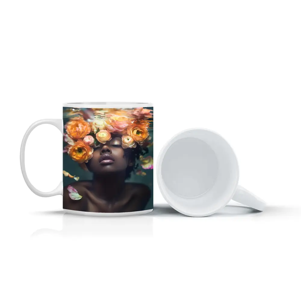 Black Woman Underwater Surrounded by Ranunculus Flowers – Mugs