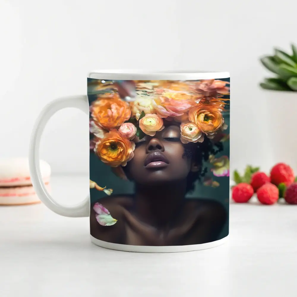 Black Woman Underwater Surrounded by Ranunculus Flowers – Mugs