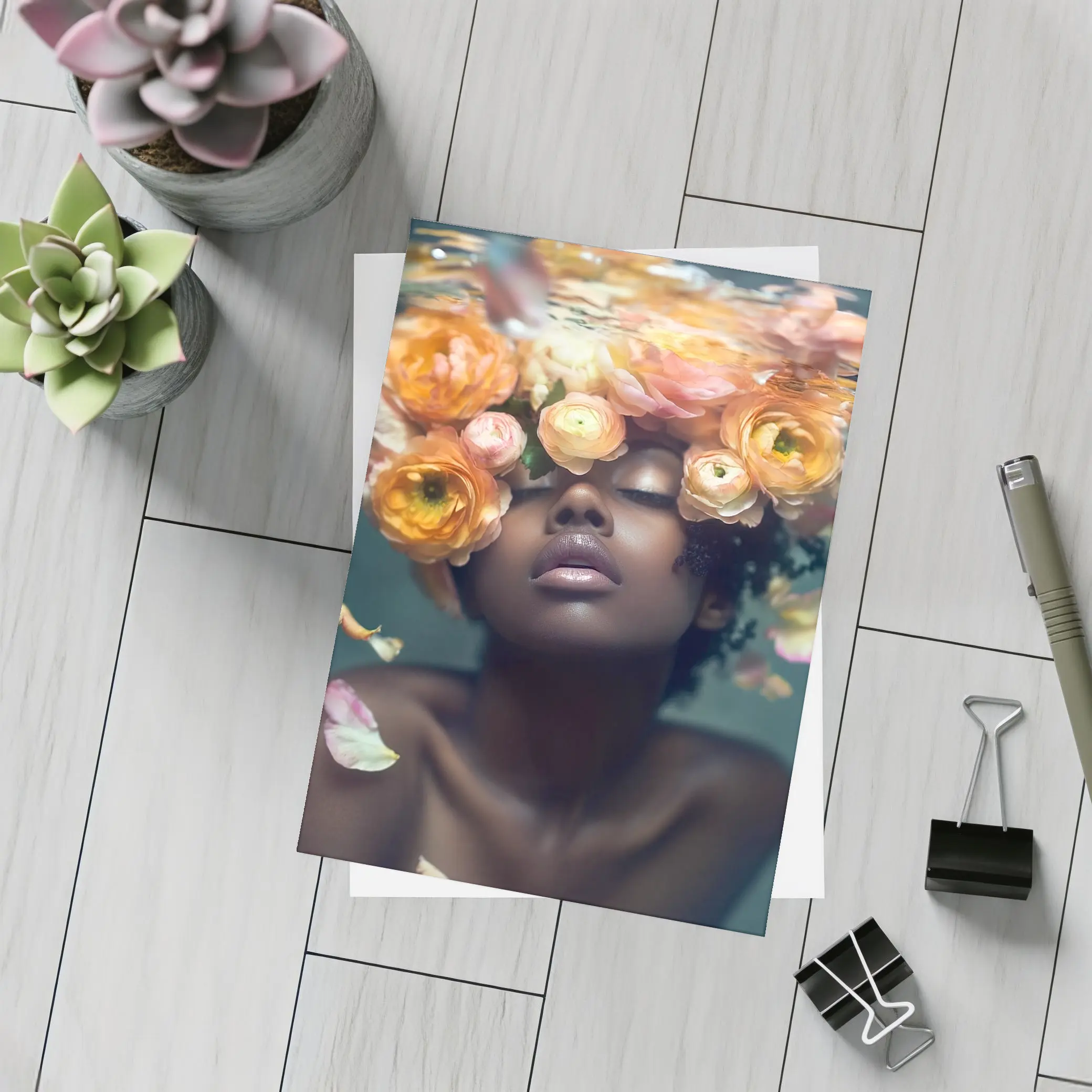 Black Woman Underwater Surrounded by Ranunculus Flowers – Postcards
