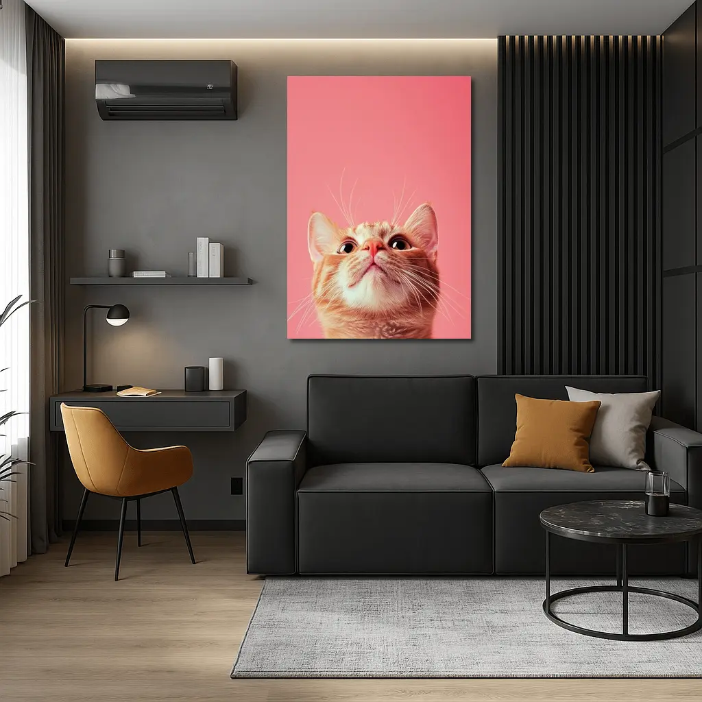 Ginger Tabby Cat Looking Up Pink Background – Wall Art