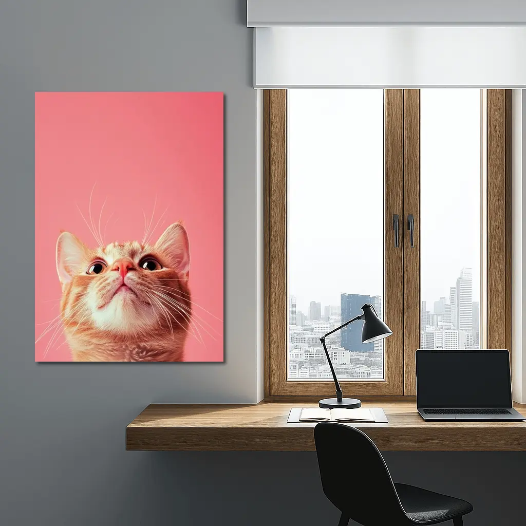 Ginger Tabby Cat Looking Up Pink Background – Wall Art