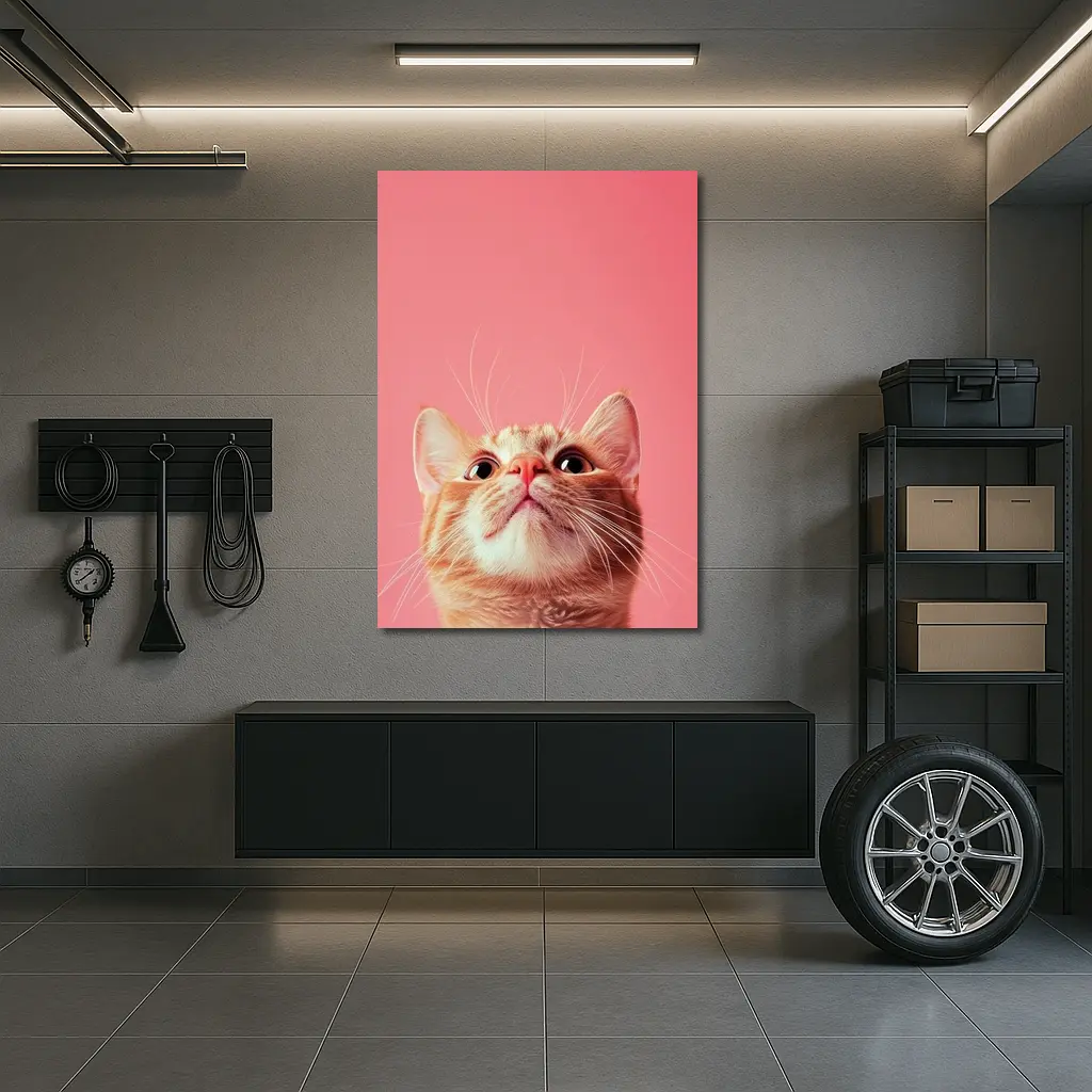 Ginger Tabby Cat Looking Up Pink Background – Wall Art