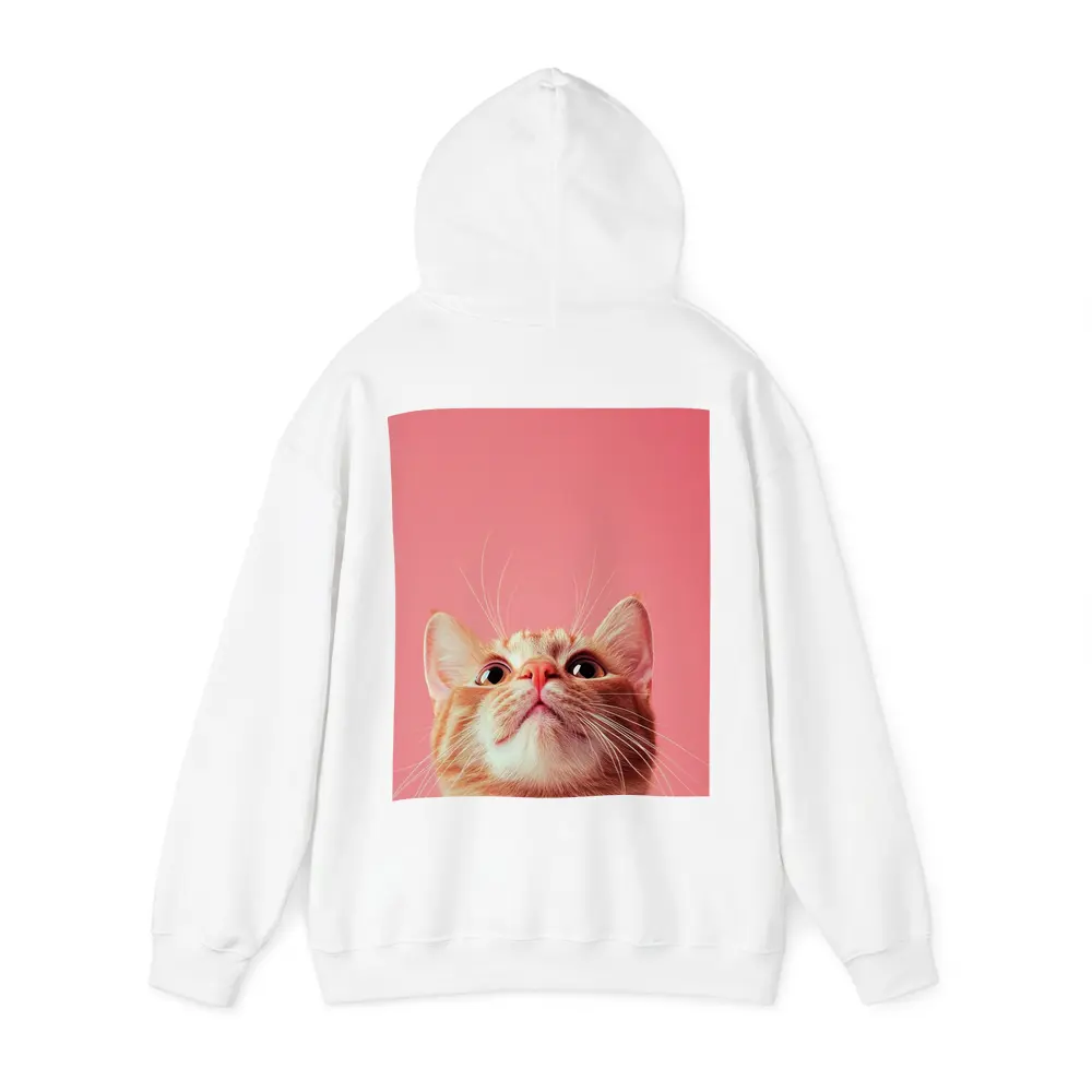 Ginger Tabby Cat Looking Up Pink Background – Hoodies
