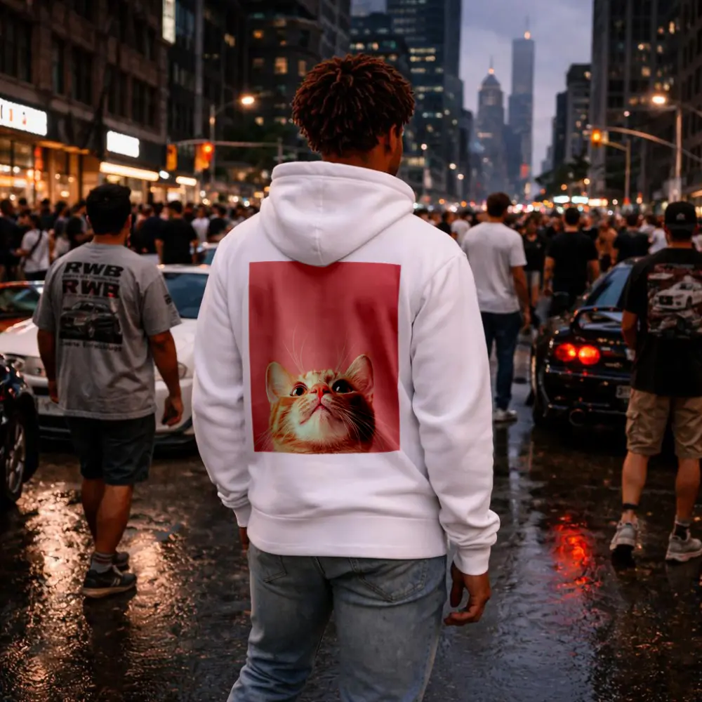 Ginger Tabby Cat Looking Up Pink Background – Hoodies