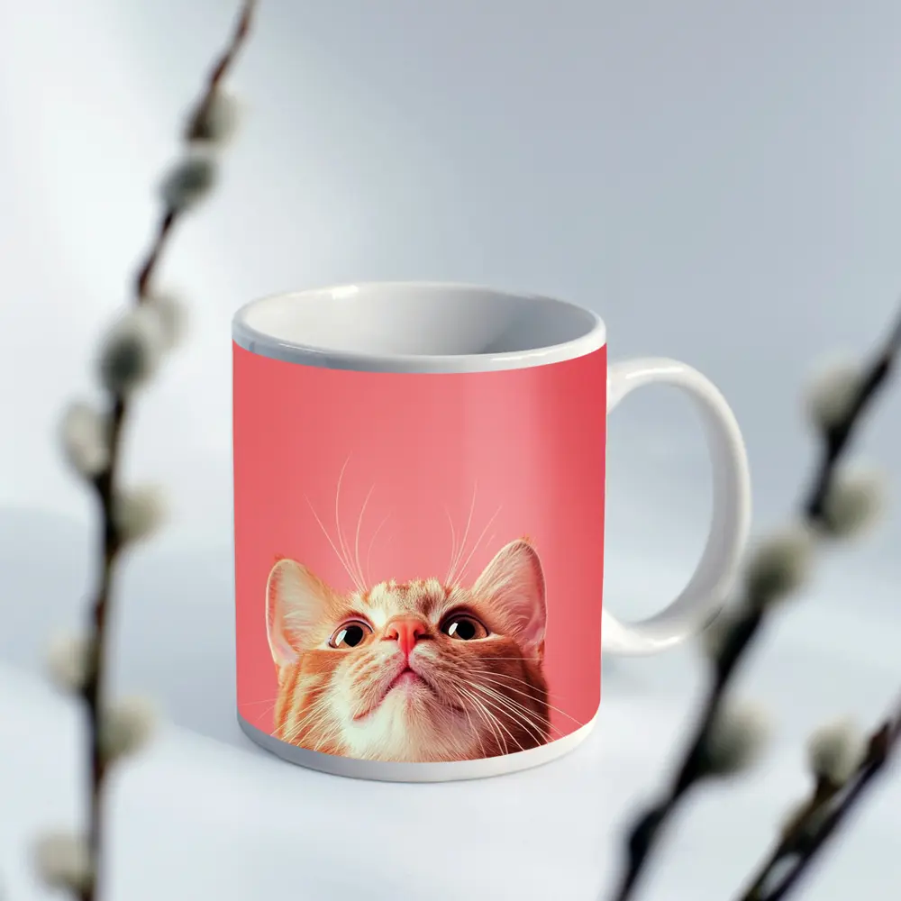Ginger Tabby Cat Looking Up Pink Background – Mugs
