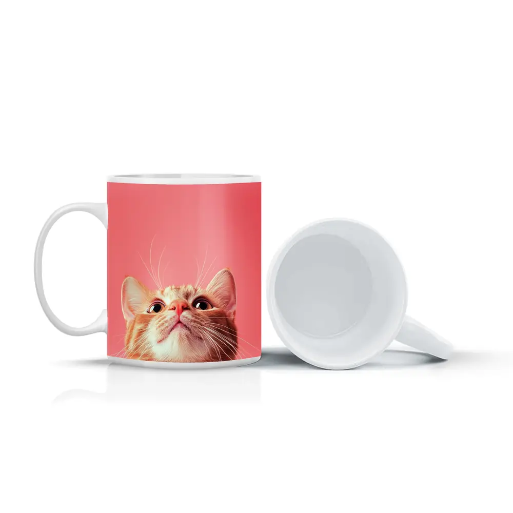 Ginger Tabby Cat Looking Up Pink Background – Mugs