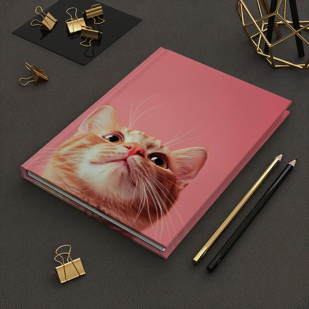 Ginger Tabby Cat Looking Up Pink Background – Notebooks