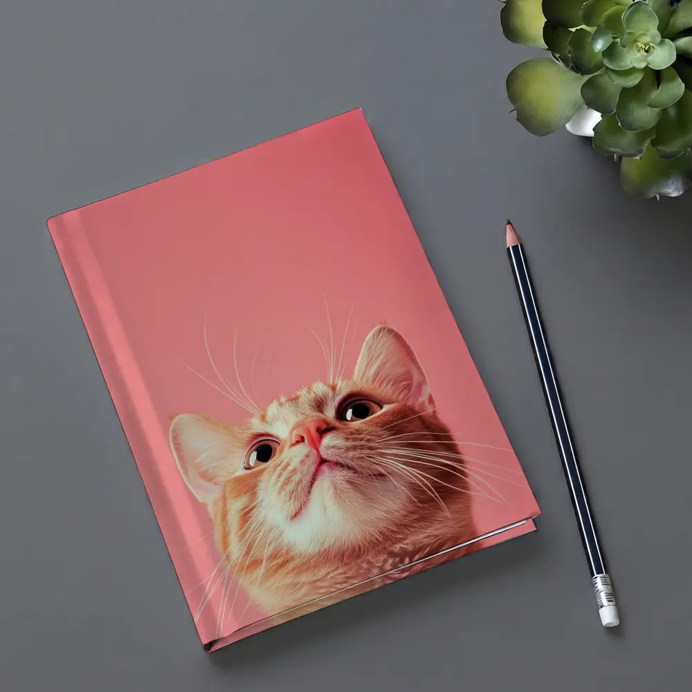 Ginger Tabby Cat Looking Up Pink Background – Notebooks