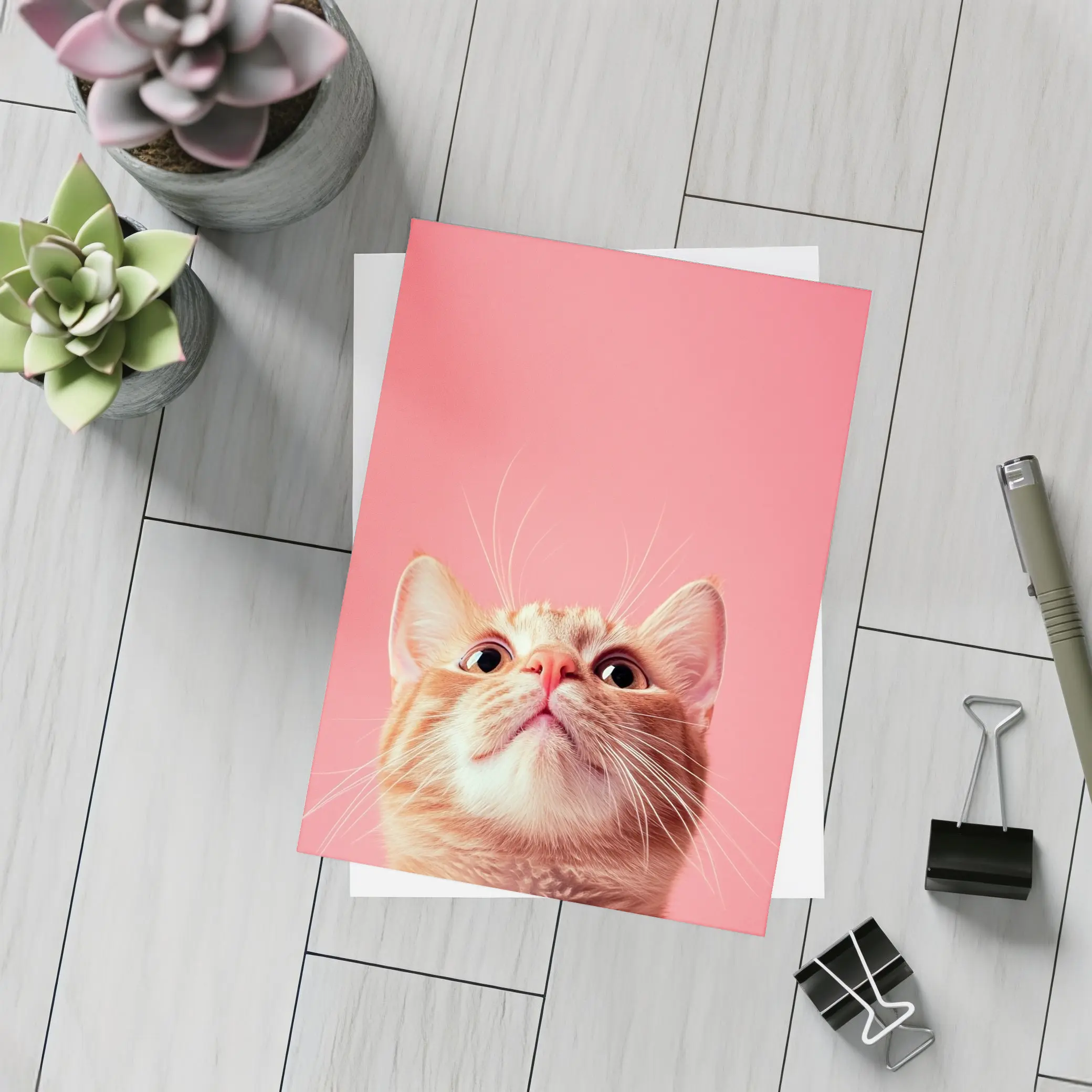 Ginger Tabby Cat Looking Up Pink Background – Postcards
