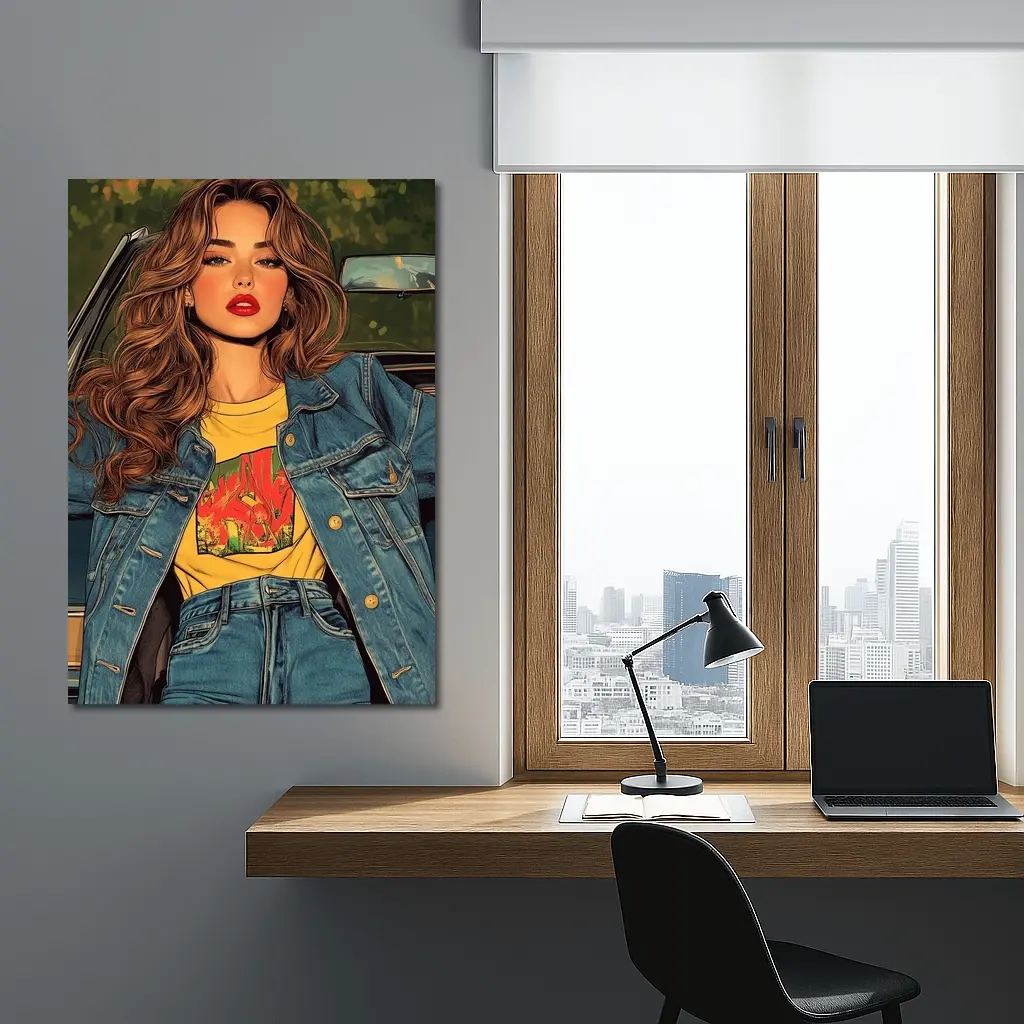 Comic Style Girl Denim Outfit Car Background – Wall Art