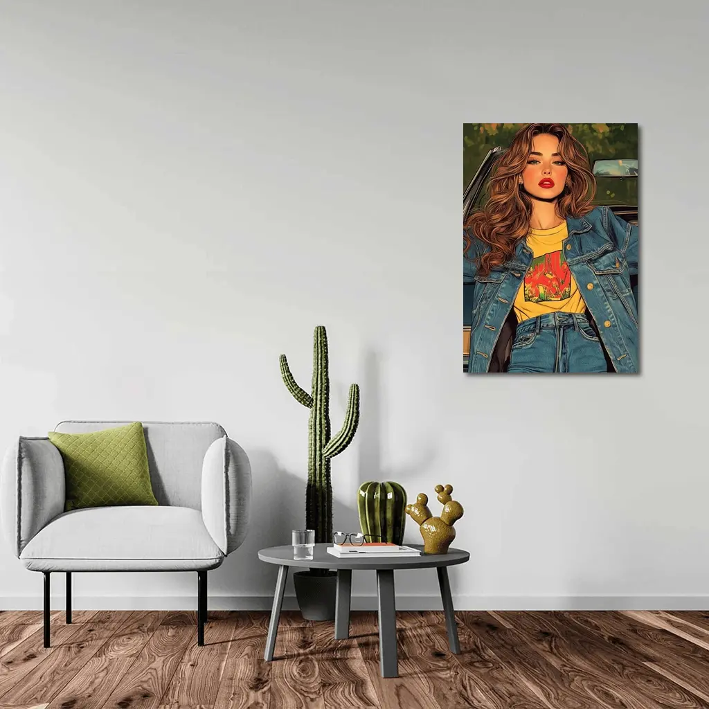 Comic Style Girl Denim Outfit Car Background – Wall Art