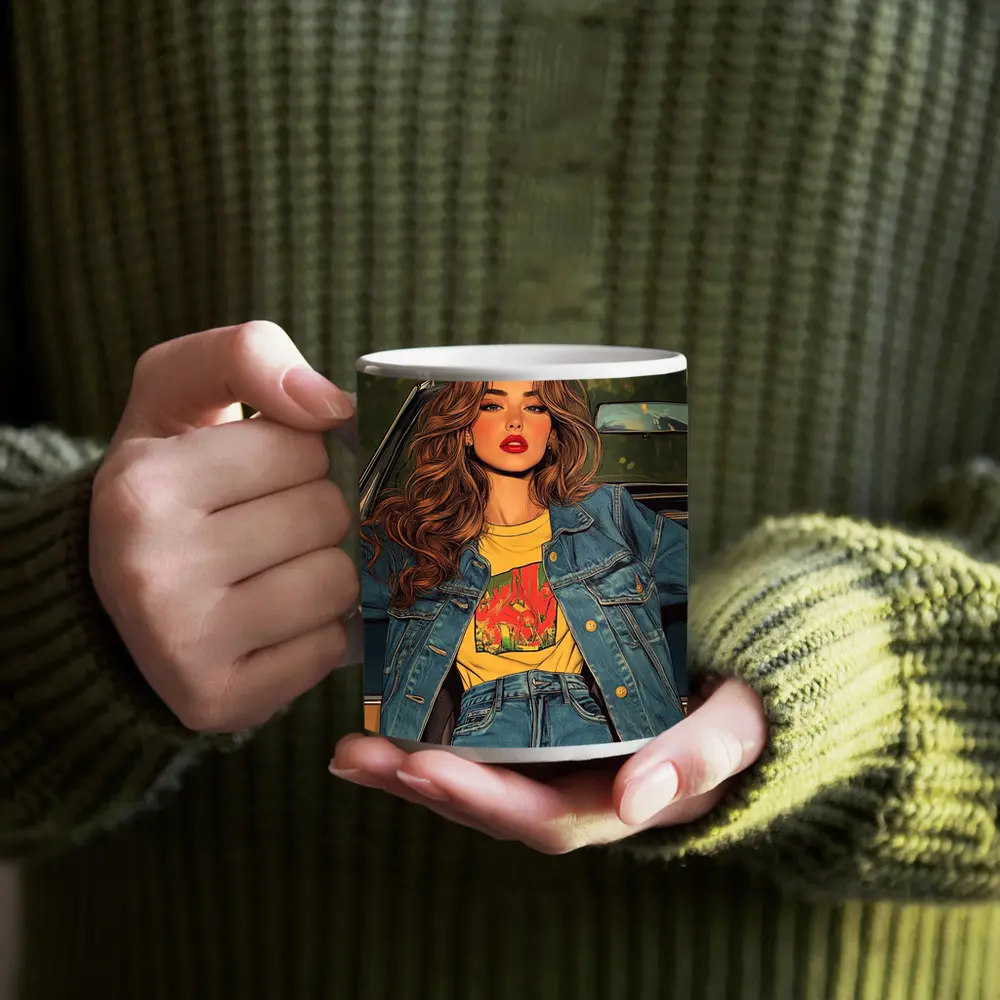 Comic Style Girl Denim Outfit Car Background – Mugs