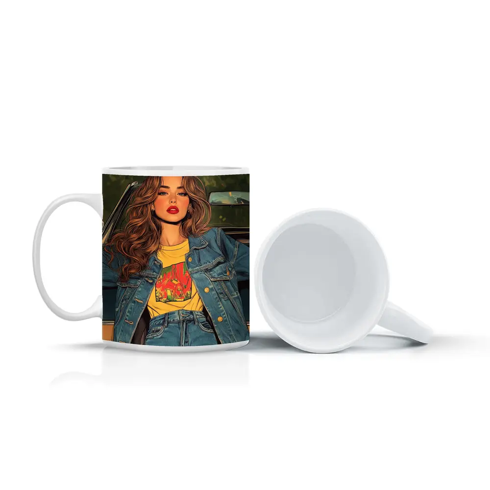 Comic Style Girl Denim Outfit Car Background – Mugs