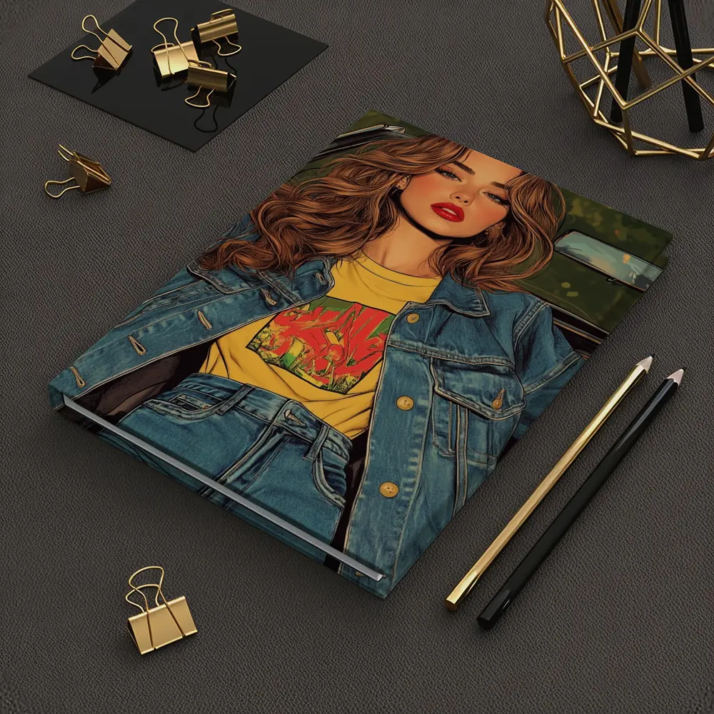 Comic Style Girl Denim Outfit Car Background – Notebooks