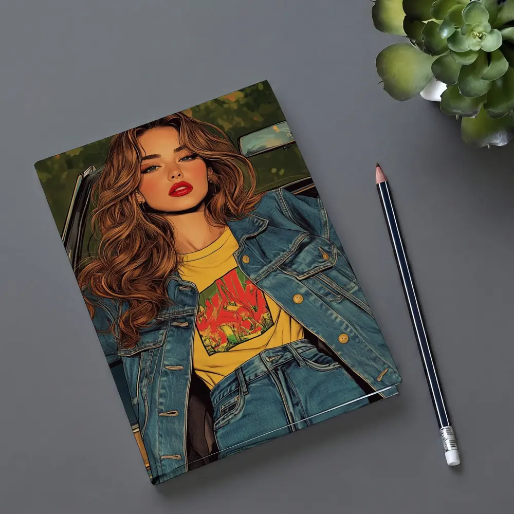 Comic Style Girl Denim Outfit Car Background – Notebooks