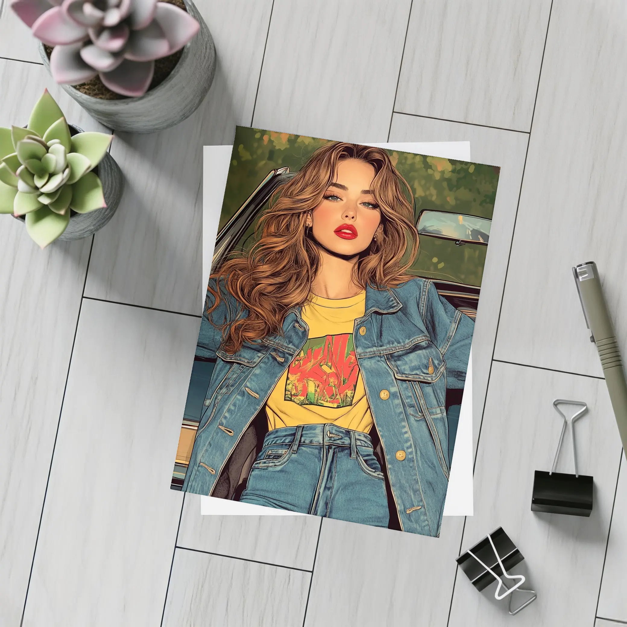 Comic Style Girl Denim Outfit Car Background – Postcards