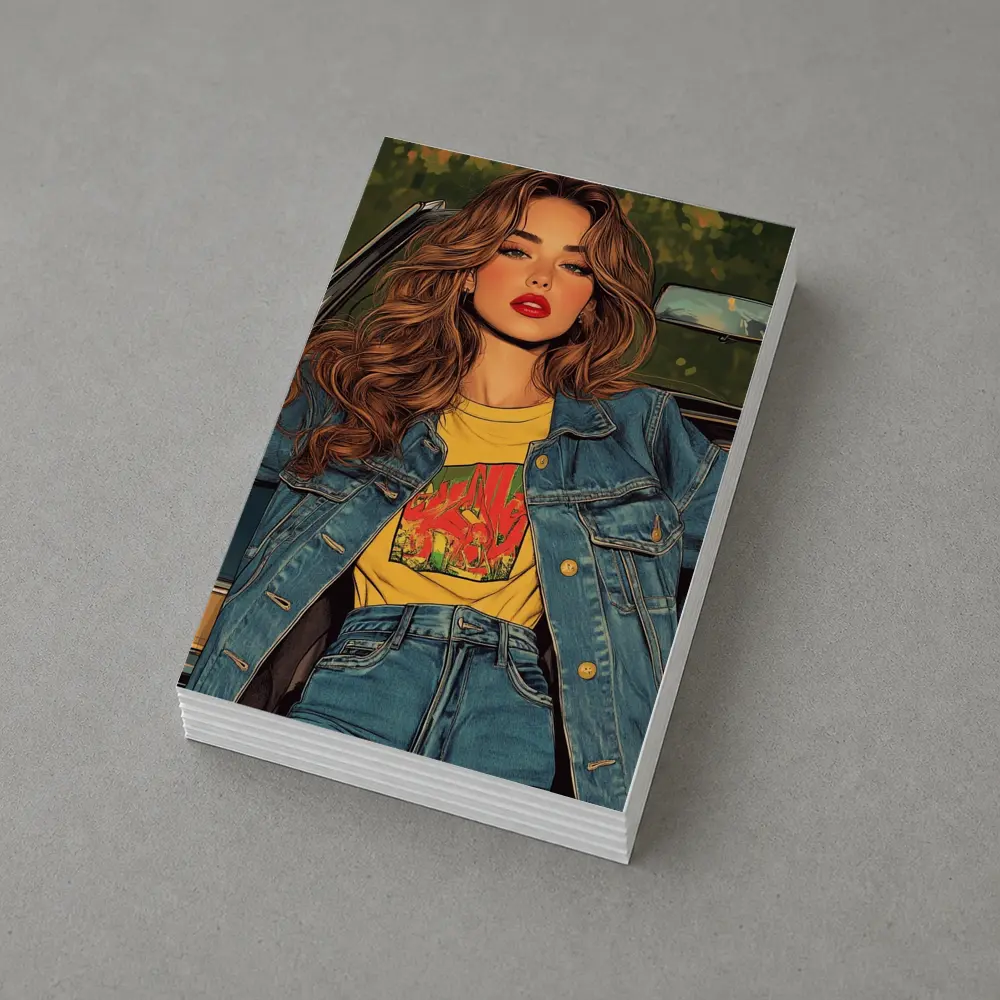 Comic Style Girl Denim Outfit Car Background – Postcards