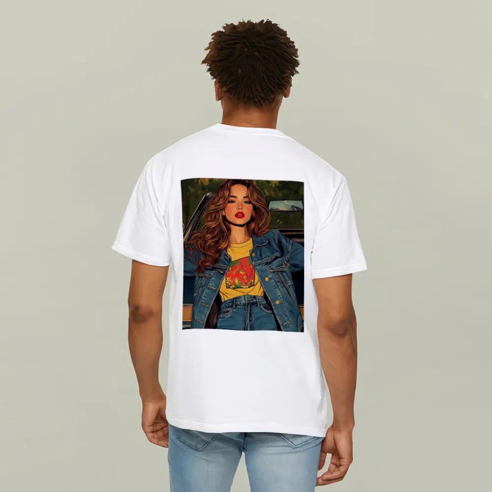 Comic Style Girl Denim Outfit Car Background – T-Shirts