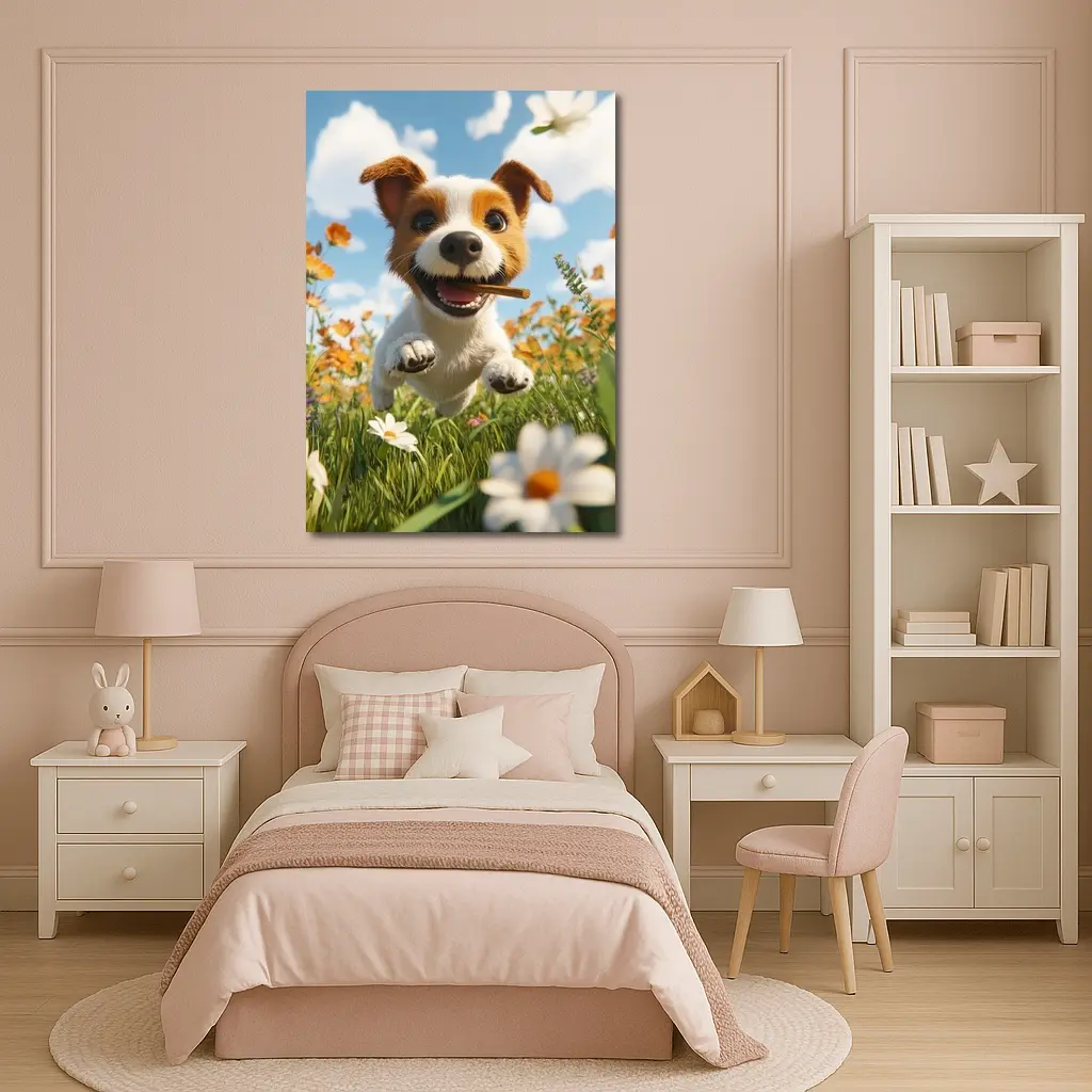 Cartoon Jack Russell Puppy Running Flower Field – Wall Art