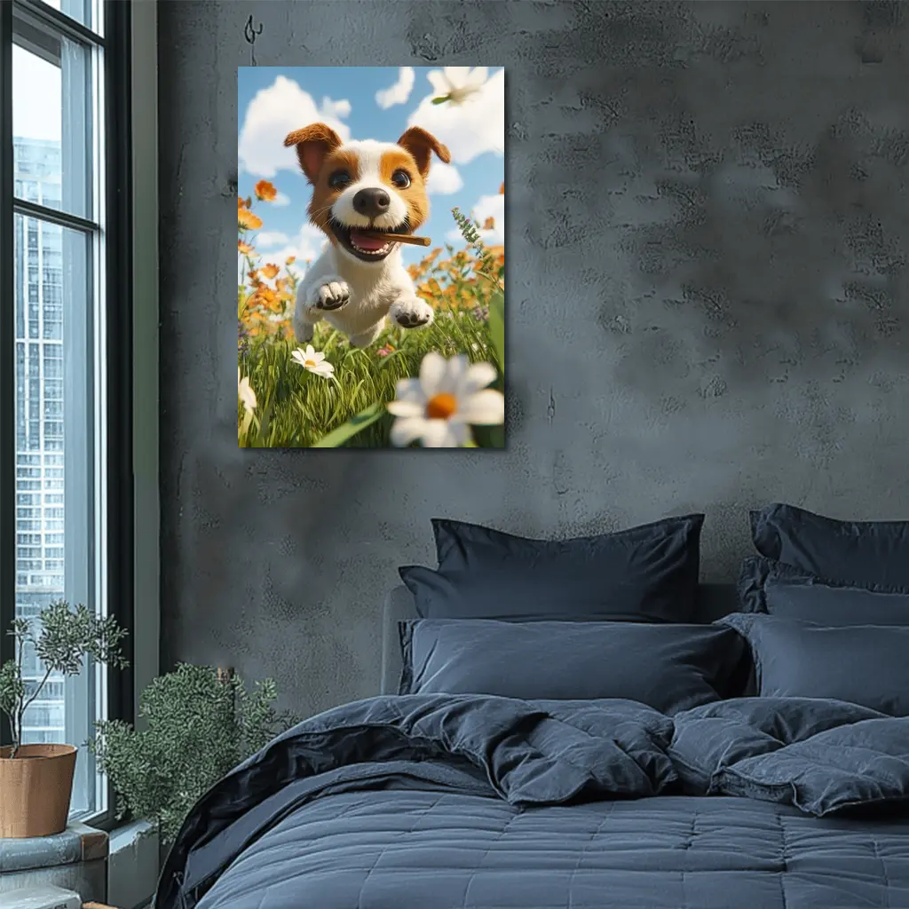 Cartoon Jack Russell Puppy Running Flower Field – Wall Art