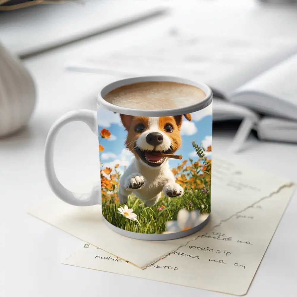 Cartoon Jack Russell Puppy Running Flower Field – Mugs