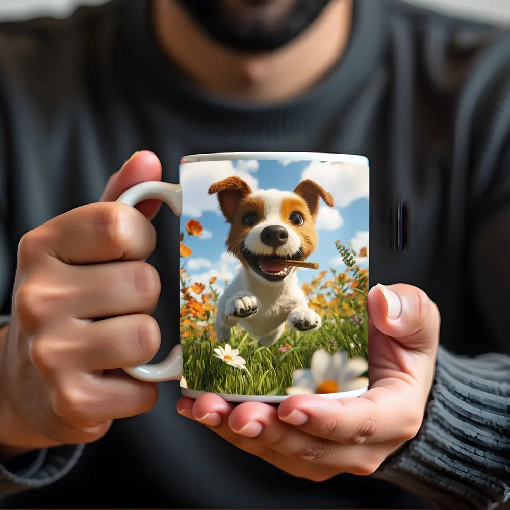 Cartoon Jack Russell Puppy Running Flower Field – Mugs